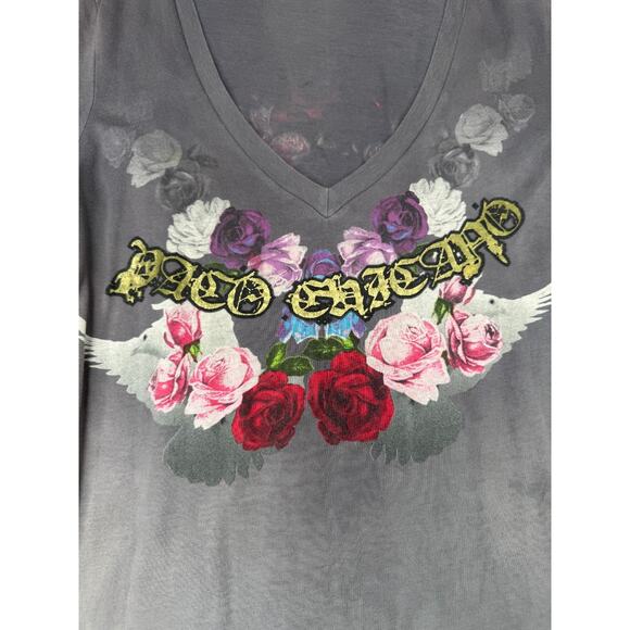 Christian Audigier Paco Chicano Women’s T-Shirt Sz L V-Neck Crown Roses Dove - Picture 15 of 16